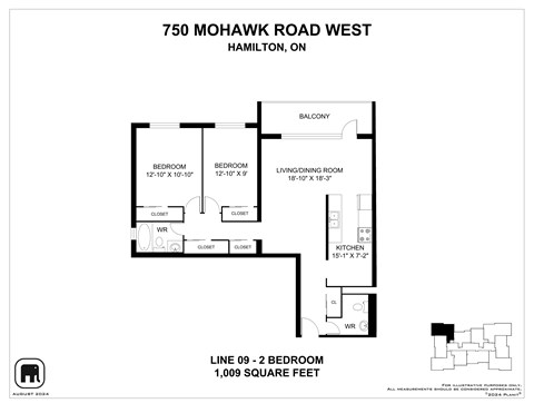 A floor plan for a home at 750 Mohawk Road West in Hamilton, ON, showing the layout of the bedrooms, living/dining room, kitchen, and balcony.